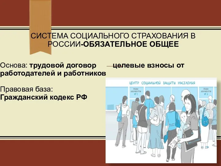 СИСТЕМА СОЦИАЛЬНОГО СТРАХОВАНИЯ В РОССИИ-ОБЯЗАТЕЛЬНОЕ ОБЩЕЕ Основа: трудовой договор целевые