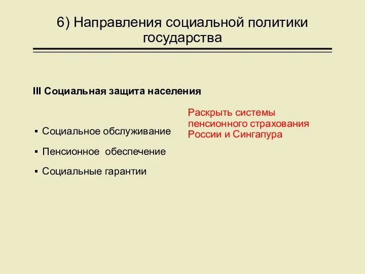 6) Направления социальной политики государства III Социальная защита населения Социальное