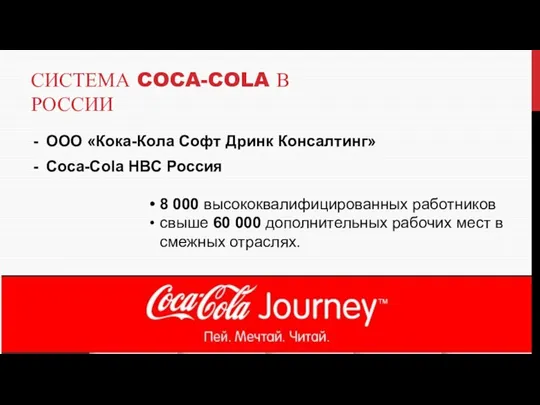 СИСТЕМА COCA-COLA В РОССИИ ООО «Кока-Кола Софт Дринк Консалтинг» Coca-Cola