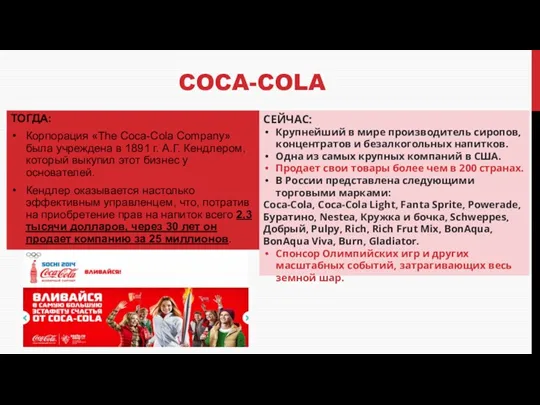 COCA-COLA ТОГДА: Корпорация «The Coca-Cola Company» была учреждена в 1891