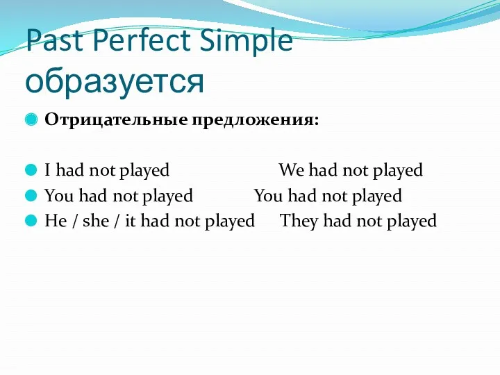 Past Perfect Simple образуется Отрицательные предложения: I had not played