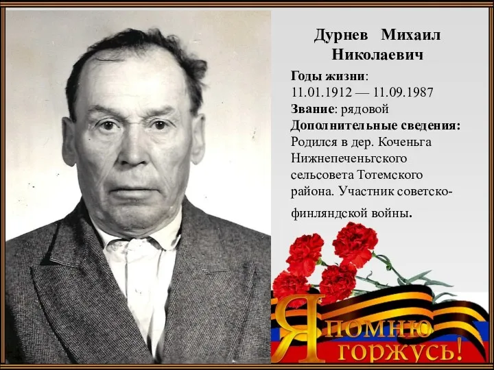 Подзаголовок слайда Дурнев Михаил Николаевич Годы жизни: 11.01.1912 — 11.09.1987