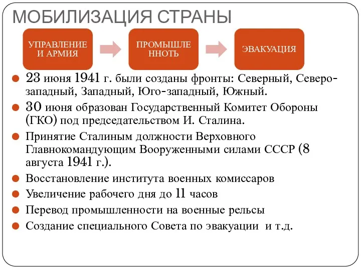 МОБИЛИЗАЦИЯ СТРАНЫ 23 июня 1941 г. были созданы фронты: Северный,