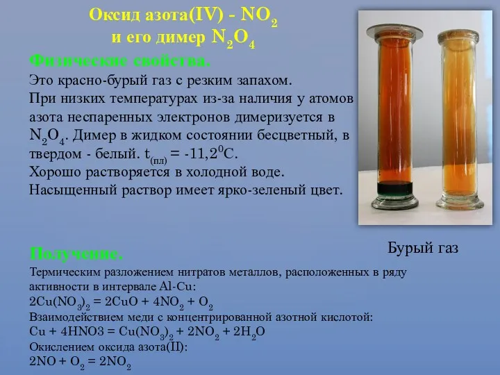 Физические свойства. Это красно-бурый газ с резким запахом. При низких