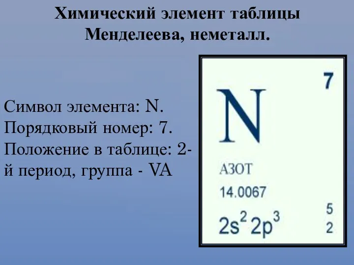 Символ элемента: N. Порядковый номер: 7. Положение в таблице: 2-й