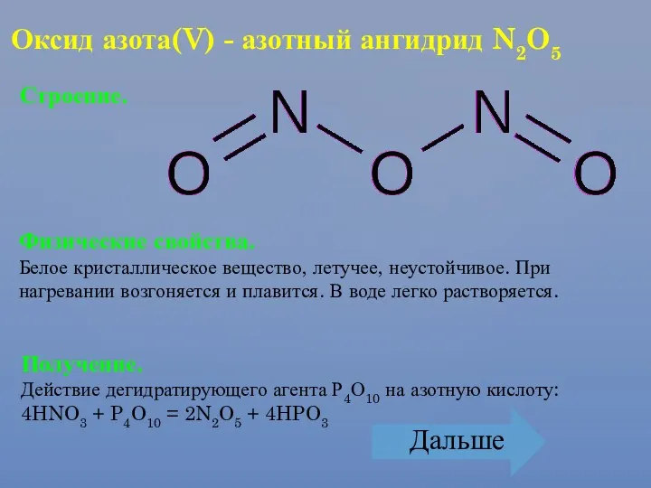 Оксид азота(V) - азотный ангидрид N2O5 Строение. Физические свойства. Белое