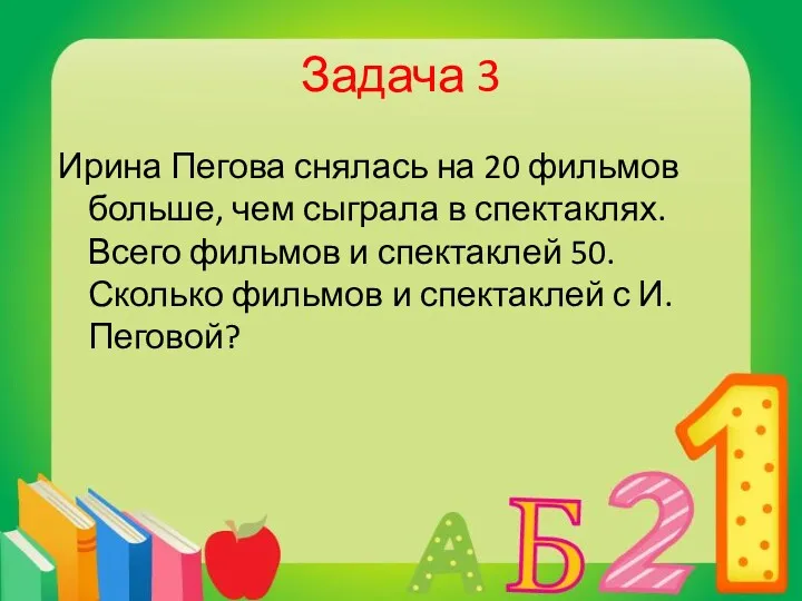 Задача 3 Ирина Пегова снялась на 20 фильмов больше, чем