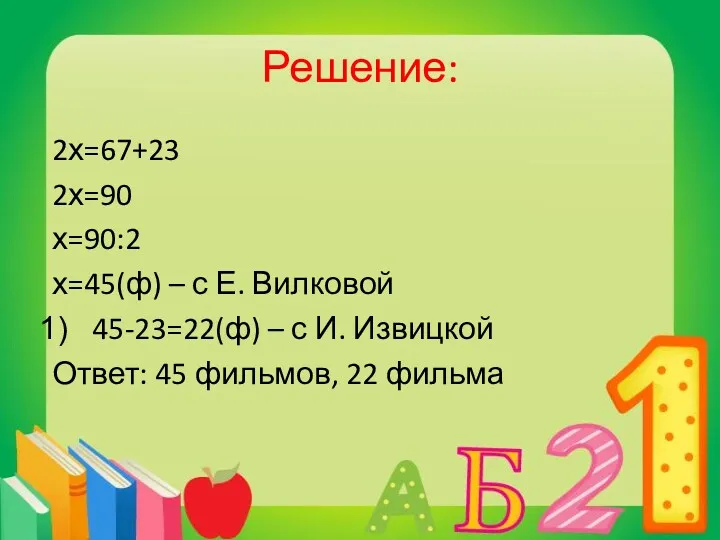 Решение: 2х=67+23 2х=90 х=90:2 х=45(ф) – с Е. Вилковой 45-23=22(ф)