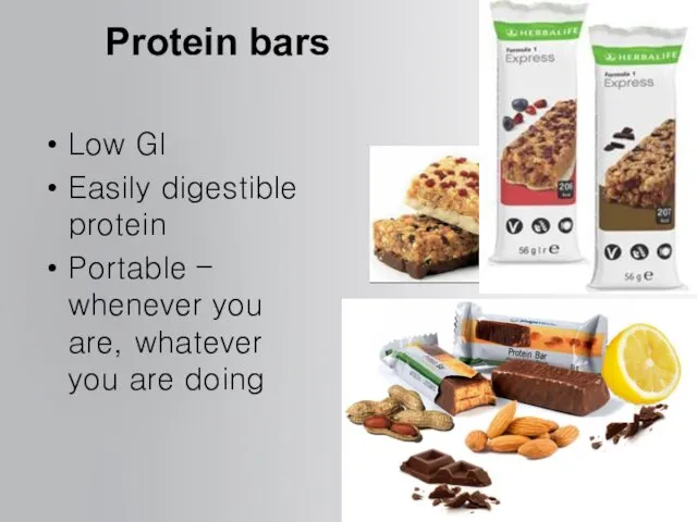 Protein bars Low GI Easily digestible protein Portable – whenever you are, whatever you are doing