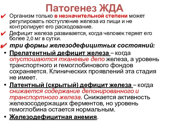 Патогенез ЖДА Организм только в незначительной степени может регулировать поступление