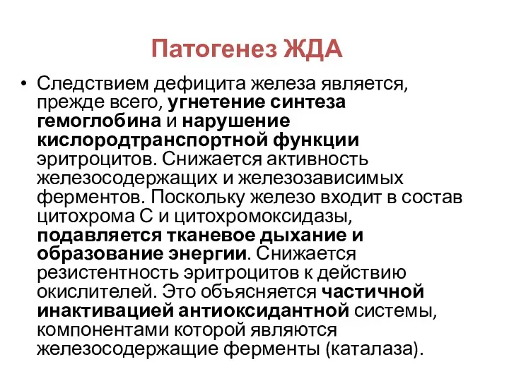 Патогенез ЖДА Следствием дефицита железа является, прежде всего, угнетение синтеза