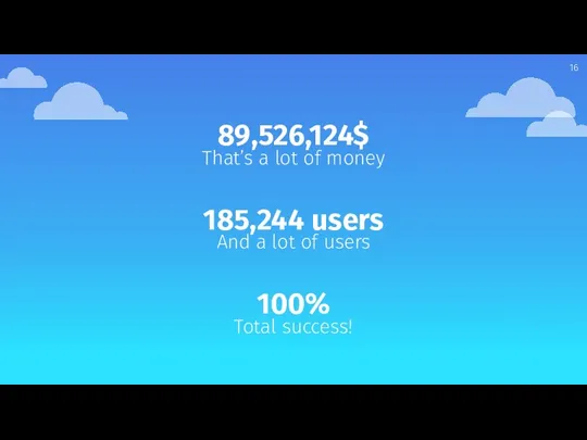 89,526,124$ That’s a lot of money 100% Total success! 185,244 users And a lot of users