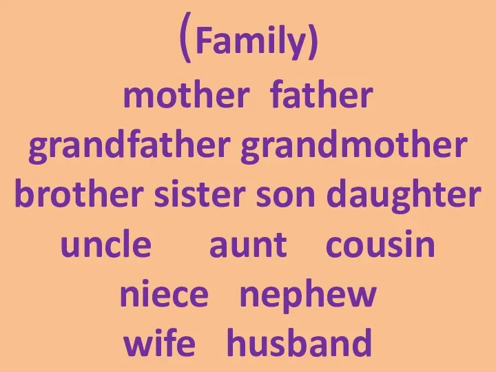 (Family) mother father grandfather grandmother brother sister son daughter uncle aunt cousin niece nephew wife husband