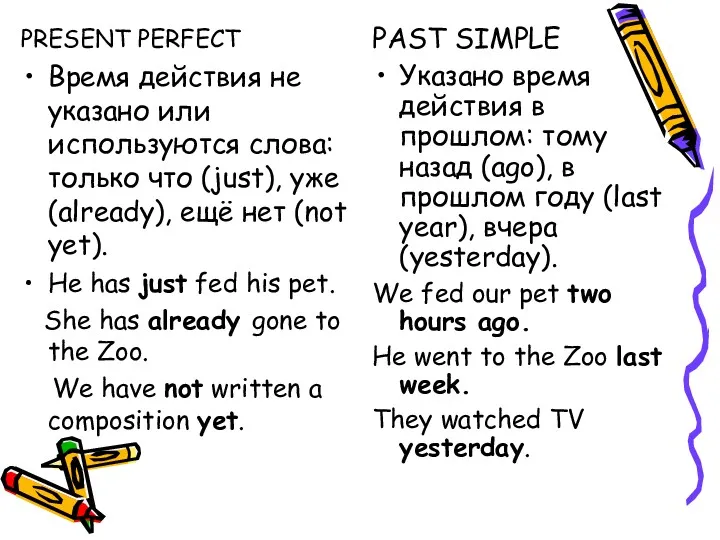 PRESENT PERFECT Время действия не указано или используются слова: только