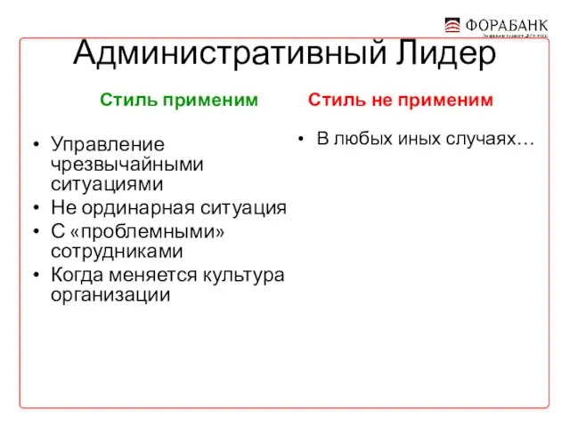 Административный Лидер Стиль применим Стиль не применим Управление чрезвычайными ситуациями