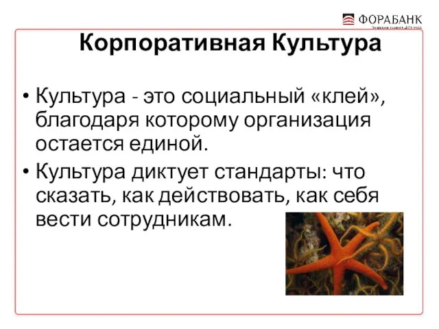 Корпоративная Культура Культура - это социальный «клей», благодаря которому организация