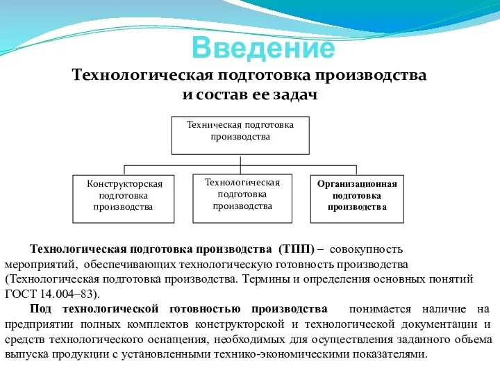 Введение Технологическая подготовка производства и состав ее задач Технологическая подготовка