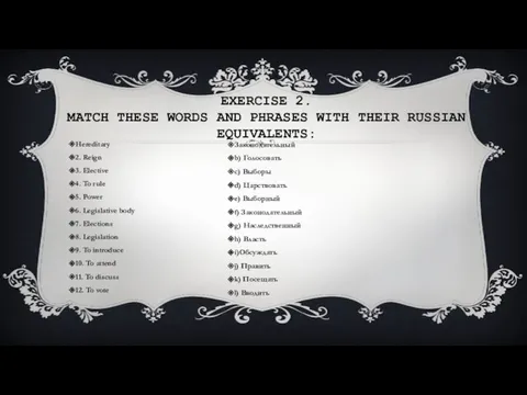 Hereditary 2. Reign 3. Elective 4. To rule 5. Power