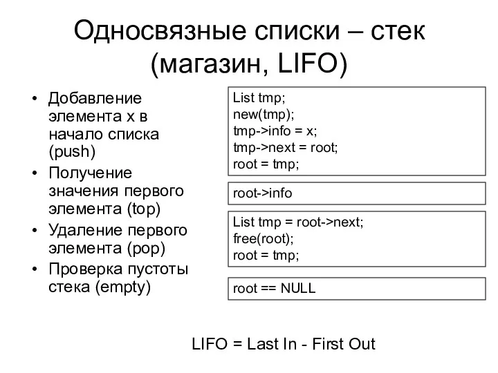 Односвязные списки – стек (магазин, LIFO) Добавление элемента x в