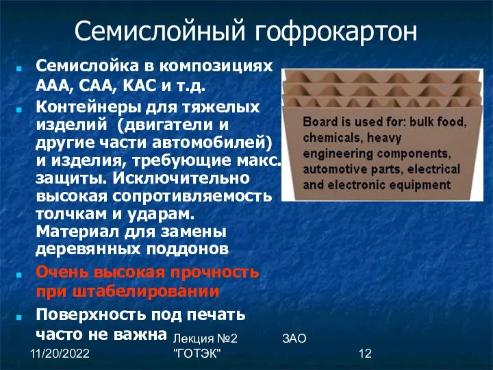 11/20/2022 Лекция №2 ЗАО "ГОТЭК" Семислойный гофрокартон Семислойка в композициях