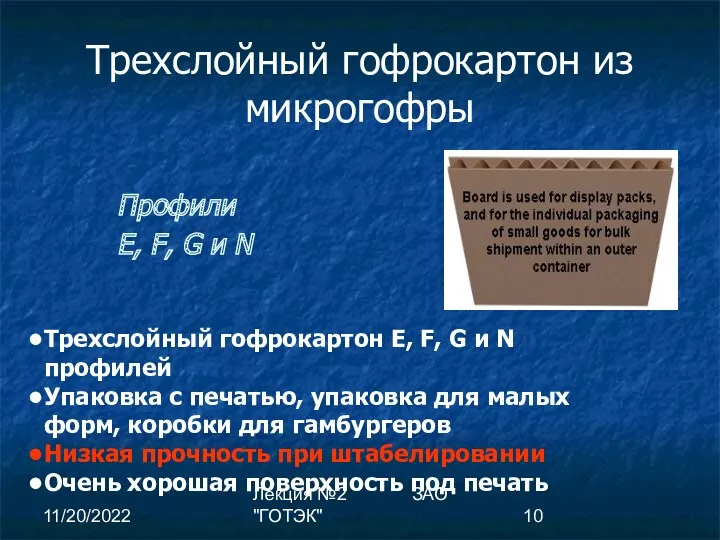 11/20/2022 Лекция №2 ЗАО "ГОТЭК" Трехслойный гофрокартон из микрогофры Профили