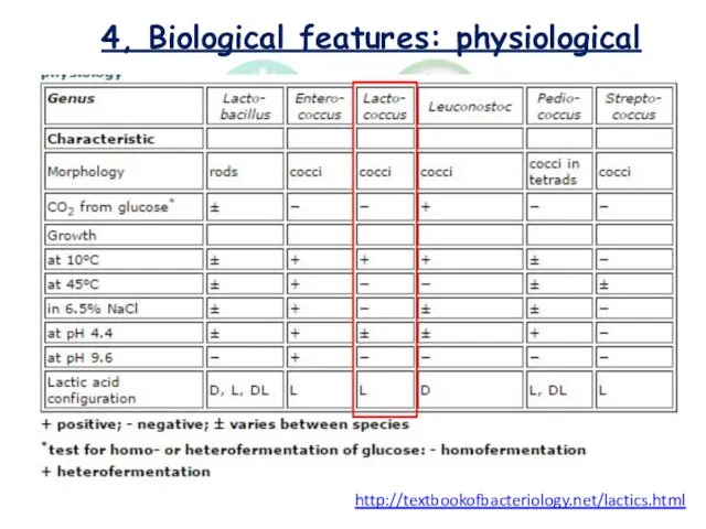 4, Biological features: physiological http://textbookofbacteriology.net/lactics.html