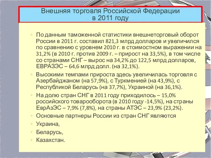 Внешняя торговля Российской Федерации в 2011 году По данным таможенной