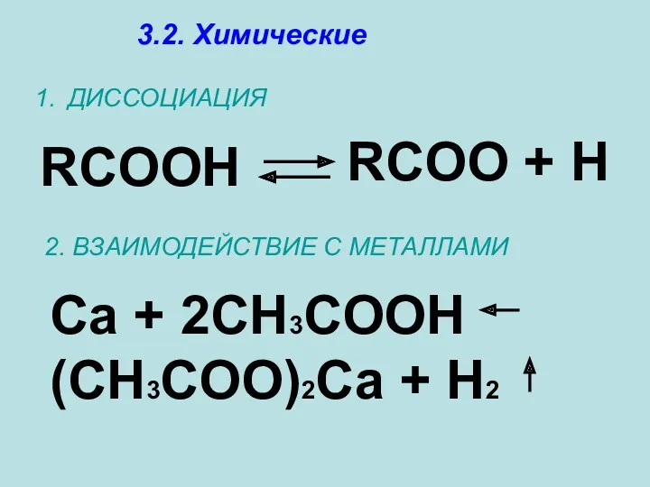 3.2. Химические ДИССОЦИАЦИЯ RCOOH RCOO + H 2. ВЗАИМОДЕЙСТВИЕ С