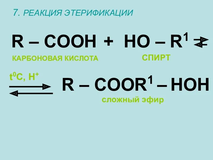 7. РЕАКЦИЯ ЭТЕРИФИКАЦИИ R – COOH + HO – R1