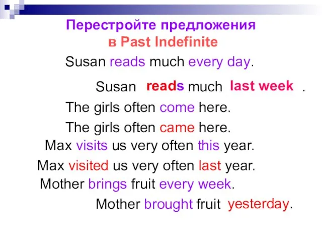 Перестройте предложения в Past Indefinite Susan reads much every day.