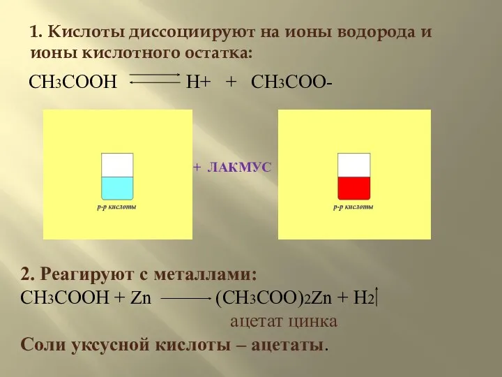 1. Кислоты диссоциируют на ионы водорода и ионы кислотного остатка: