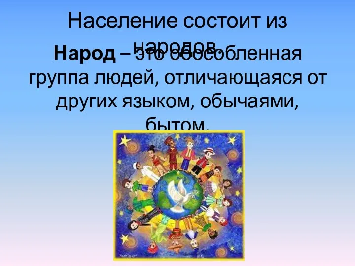 Население состоит из народов. Народ – это обособленная группа людей, отличающаяся от других языком, обычаями, бытом.