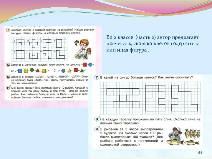 Во 2 классе (часть 2) автор предлагает посчитать, сколько клеток содержит та или иная фигура .