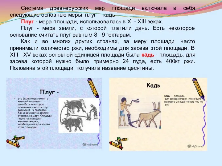 Система древнерусских мер площади включала в себя следующие основные меры: