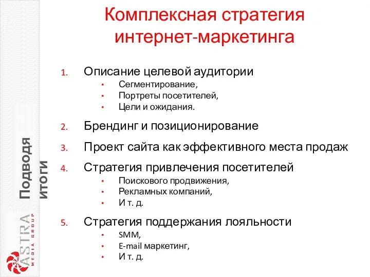 Комплексная стратегия интернет-маркетинга Подводя итоги Описание целевой аудитории Сегментирование, Портреты