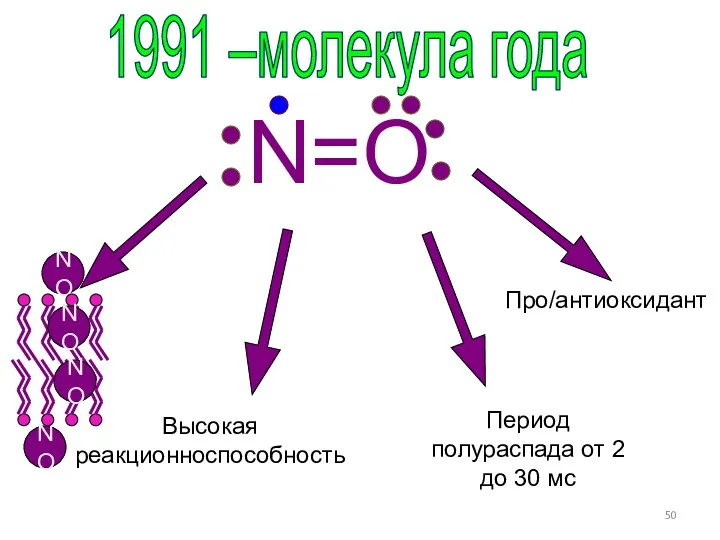 N=O Высокая реакционноспособность Период полураспада от 2 до 30 мс