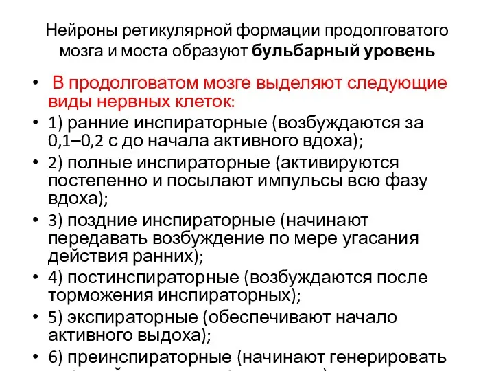 Нейроны ретикулярной формации продолговатого мозга и моста образуют бульбарный уровень