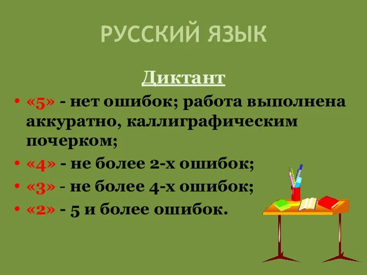 РУССКИЙ ЯЗЫК Диктант «5» - нет ошибок; работа выполнена аккуратно,