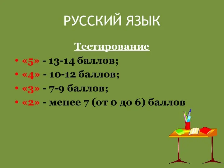 РУССКИЙ ЯЗЫК Тестирование «5» - 13-14 баллов; «4» - 10-12