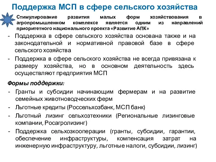 Поддержка МСП в сфере сельского хозяйства Поддержка в сфере сельского