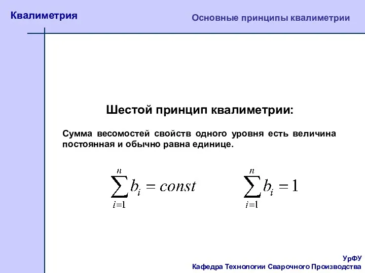 УрФУ Кафедра Технологии Сварочного Производства Квалиметрия Основные принципы квалиметрии Шестой принцип квалиметрии: Сумма