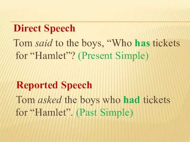 Direct Speech Tom said to the boys, “Who has tickets for “Hamlet”? (Present
