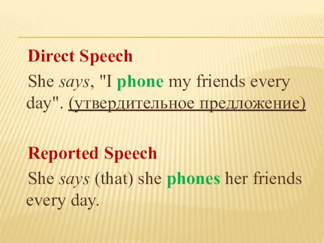 Direct Speech She says, "I phone my friends every day". (утвердительное предложение) Reported