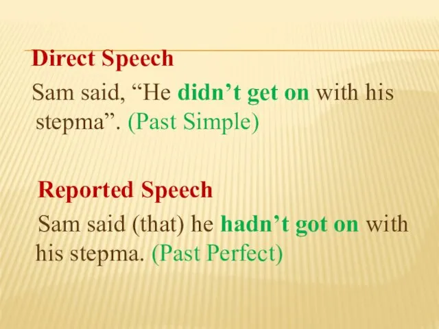 Direct Speech Sam said, “He didn’t get on with his stepma”. (Past Simple)