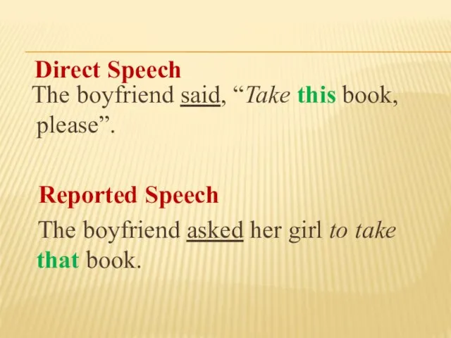 The boyfriend said, “Take this book, please”. Reported Speech The boyfriend asked her