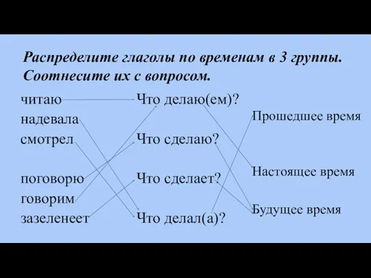 Распределите глаголы по временам в 3 группы. Соотнесите их с вопросом.