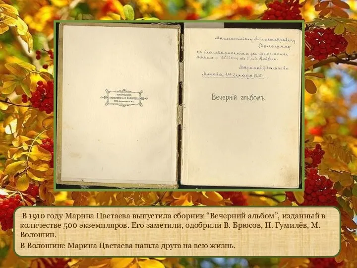 В 1910 году Марина Цветаева выпустила сборник “Вечерний альбом”, изданный
