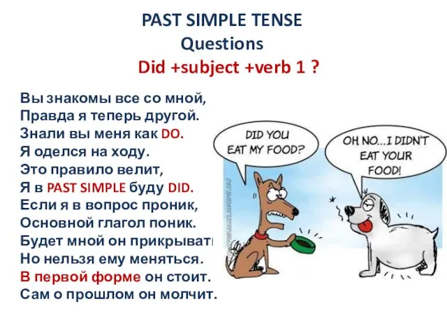 PAST SIMPLE TENSE Questions Did +subject +verb 1 ? Вы