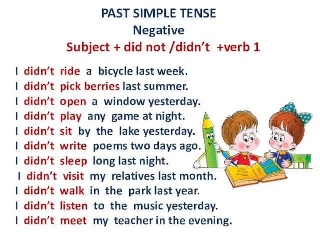 PAST SIMPLE TENSE Negative Subject + did not /didn’t +verb