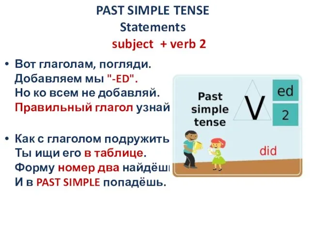 PAST SIMPLE TENSE Statements subject + verb 2 Вот глаголам,